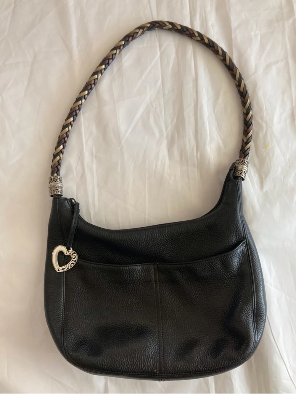 Brighton Barbados Black Pebbled Leather Ziptop Hobo Bag ,silver toned hardware